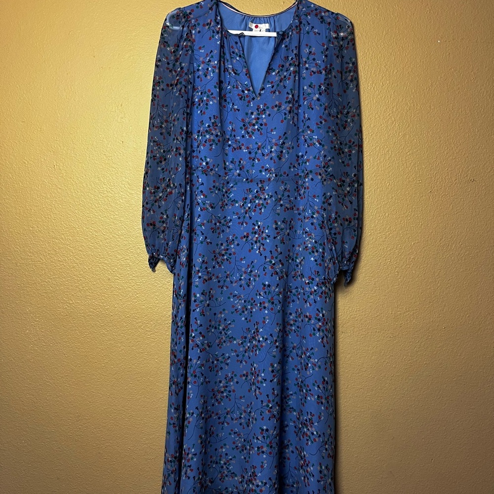 Boden Long Sleeve Blue Floral Silk Dress Size 6
